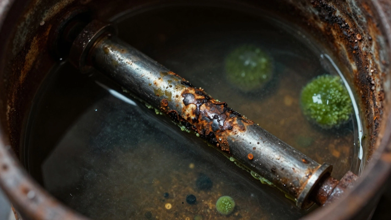 Corroded anode rod and bacteria inside a water heater tank
