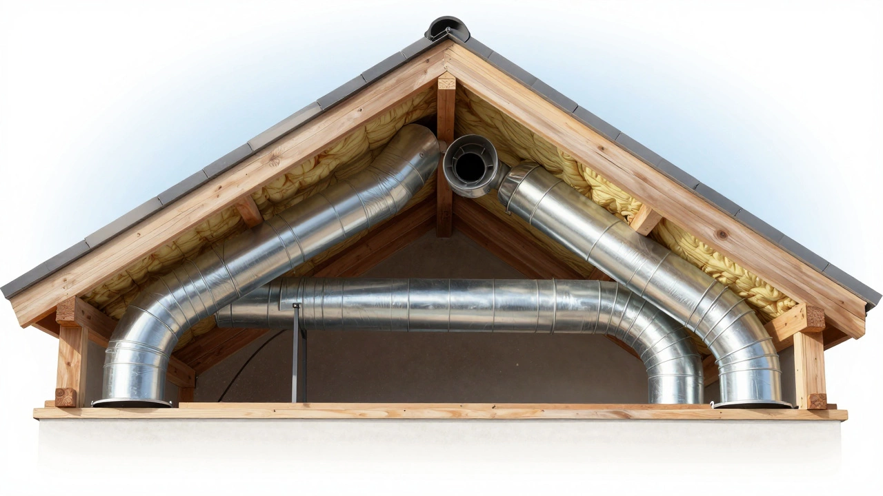 Cross-section view of home ventilation ducts and roof exhaust vents