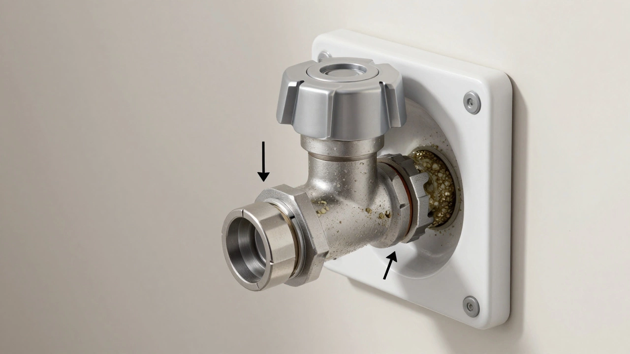 Cutaway view of a bathtub diverter valve showing mineral buildup blocking flow