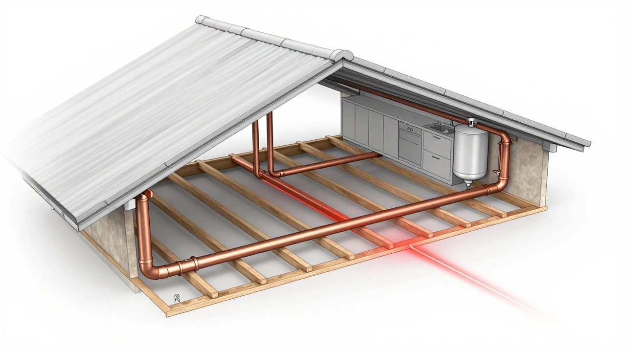 Diagram showing heat loss in uninsulated hot water pipes