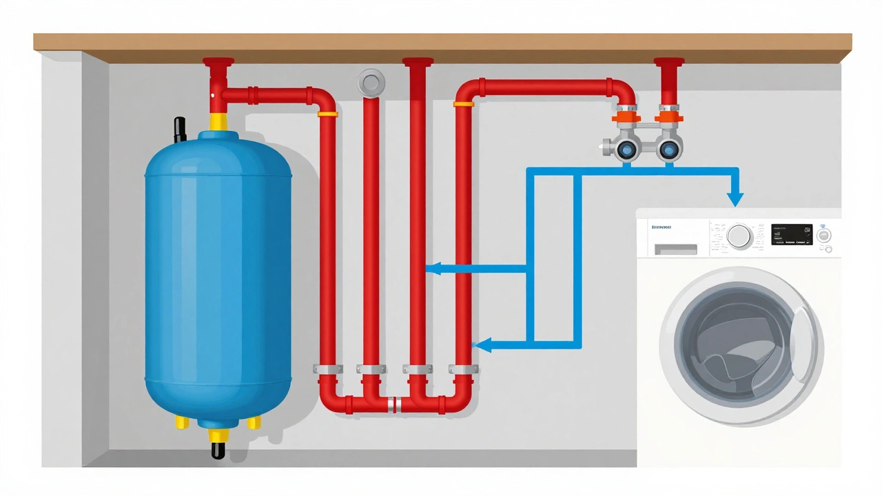 Diagram showing separate plumbing lines for heating and washing machine