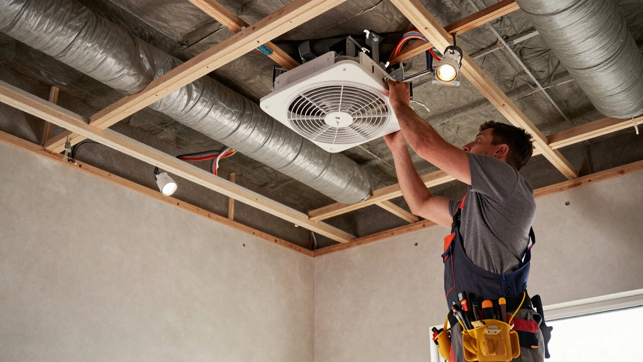 Electrician installing a new inline extractor fan in a ceiling space.