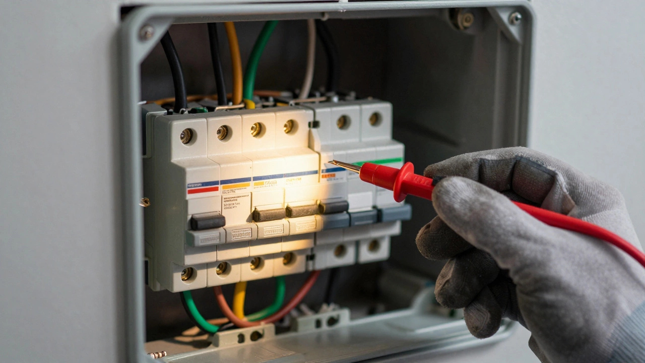 Electrician testing wiring in a wall junction box with a multimeter