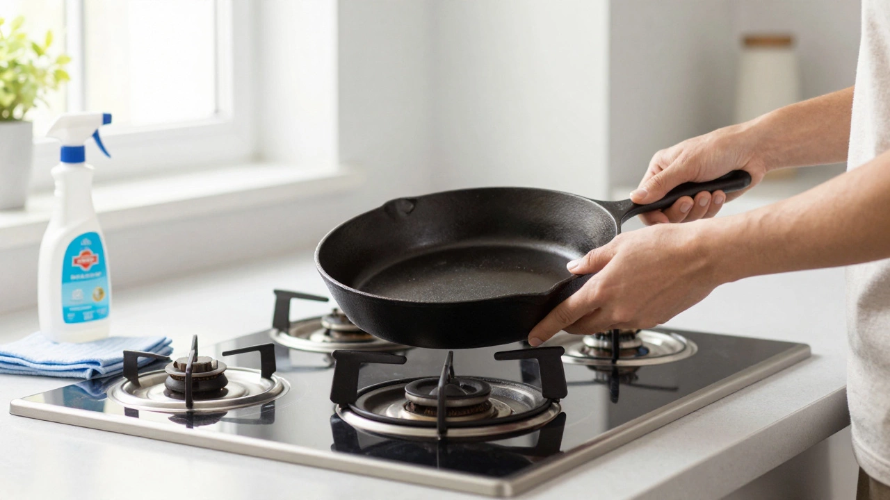 Hands lifting a heavy pan off a clean glass hob to prevent scratches.