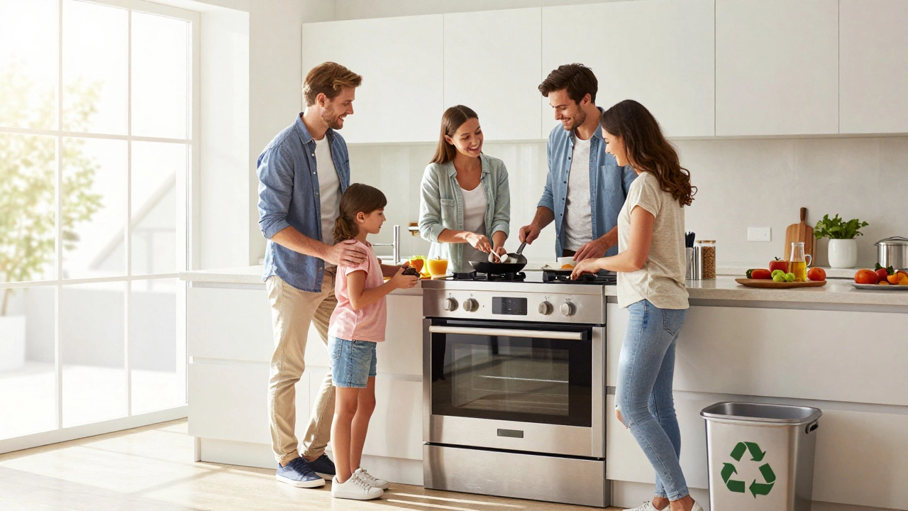 Happy family cooking with new modern smart range in kitchen