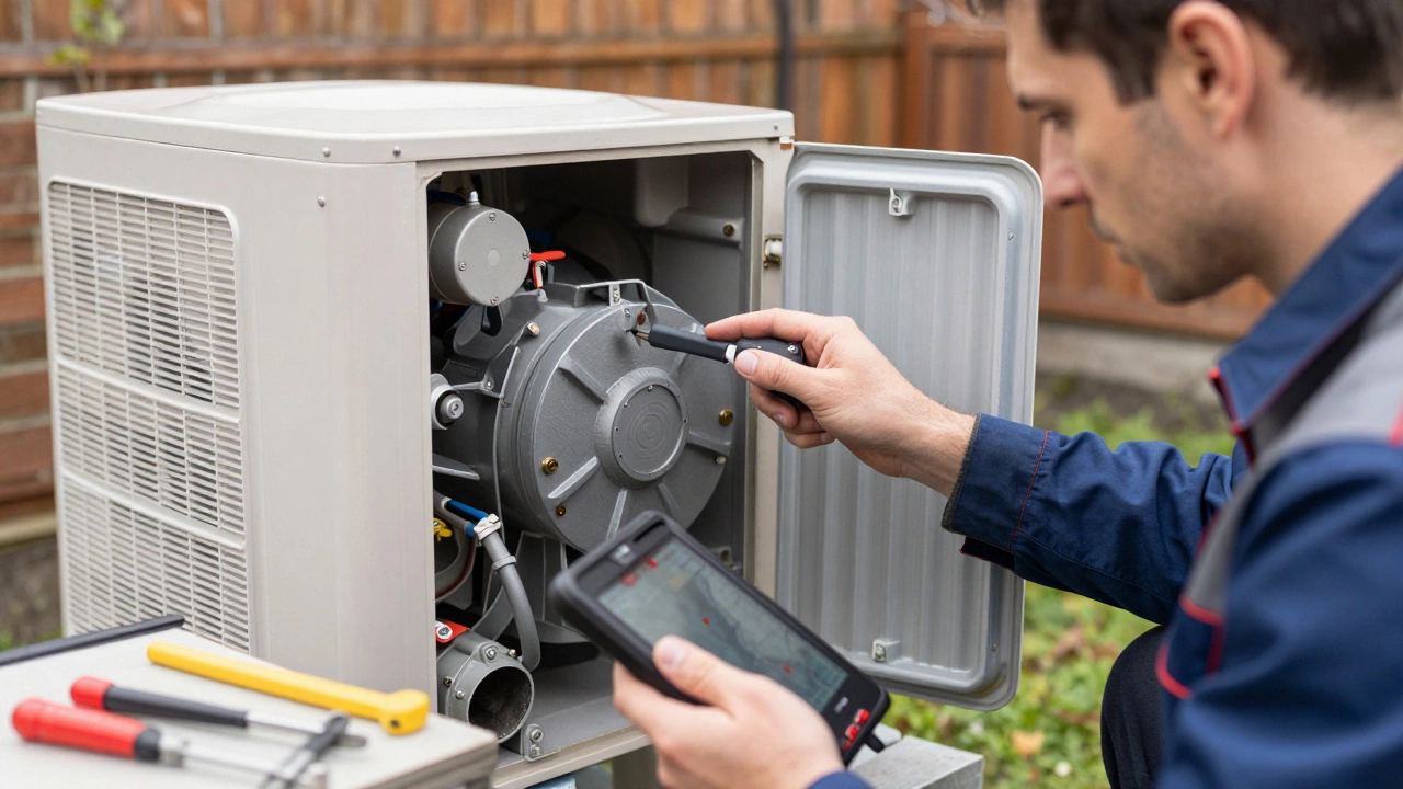 HVAC technician inspecting a heat pump compressor unit in a garden