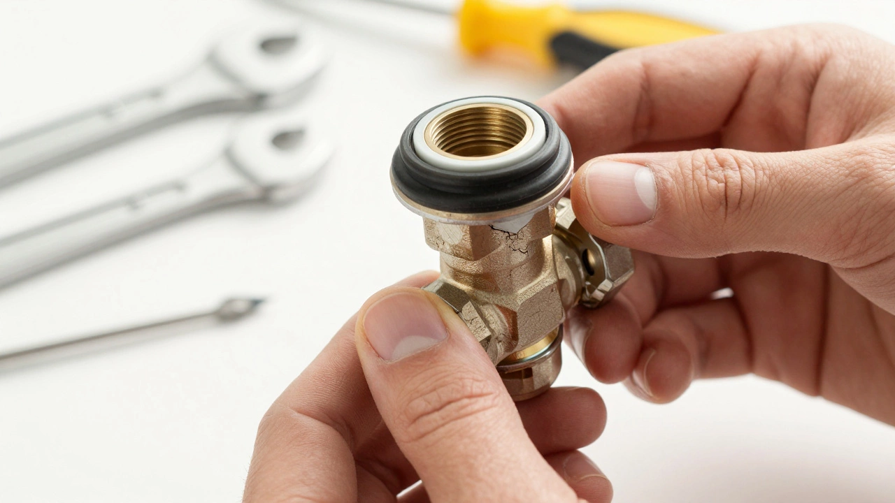 Plumber inspecting worn rubber seals inside a disassembled mixing valve cartridge