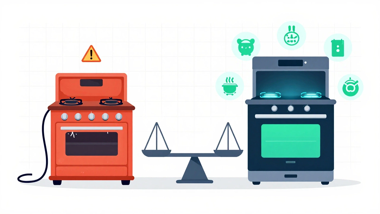 Split graphic comparing old unsafe stove vs new efficient one