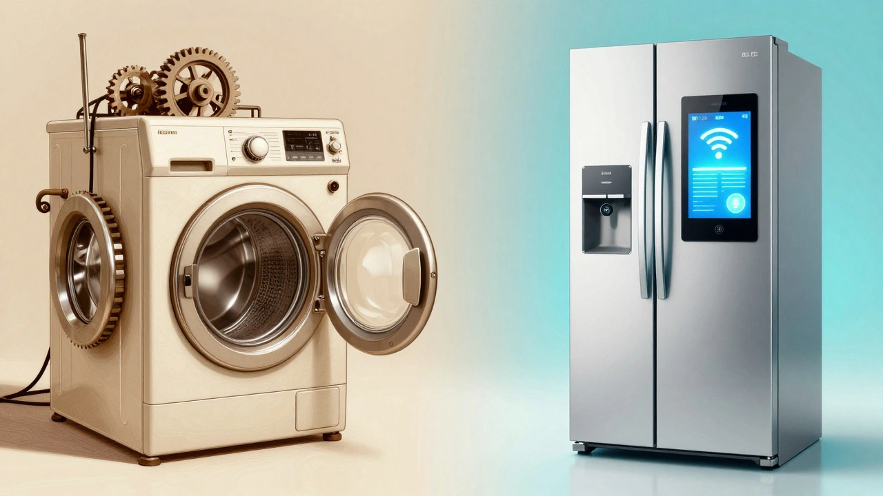 Split image showing old mechanical vs new smart appliances