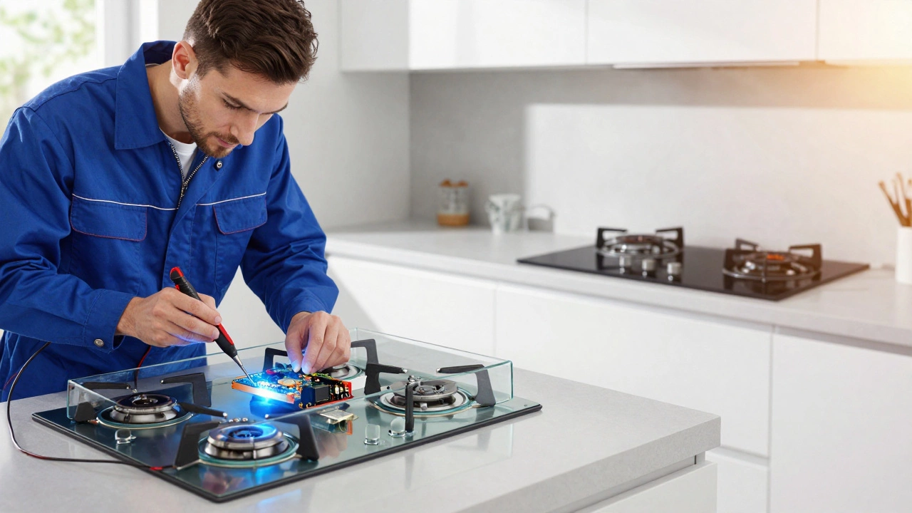 Split view showing a technician repairing hob internals versus a new installed unit.