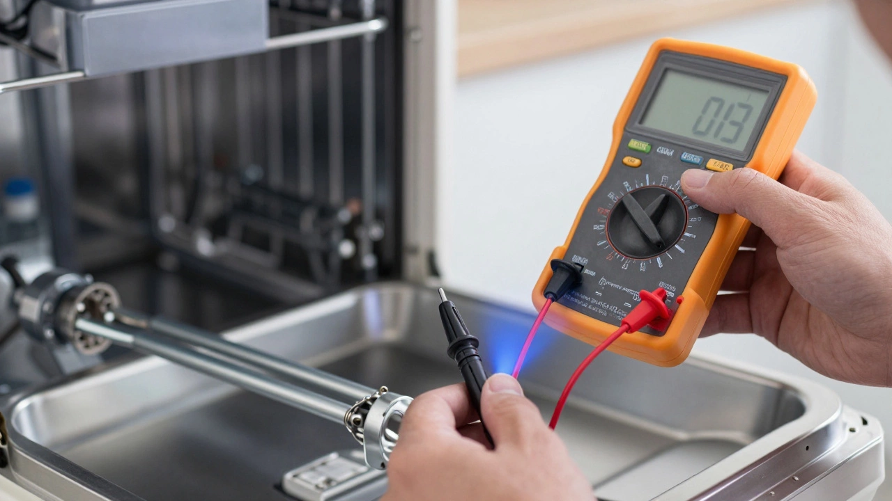Technician testing dishwasher heating element continuity with a multimeter.