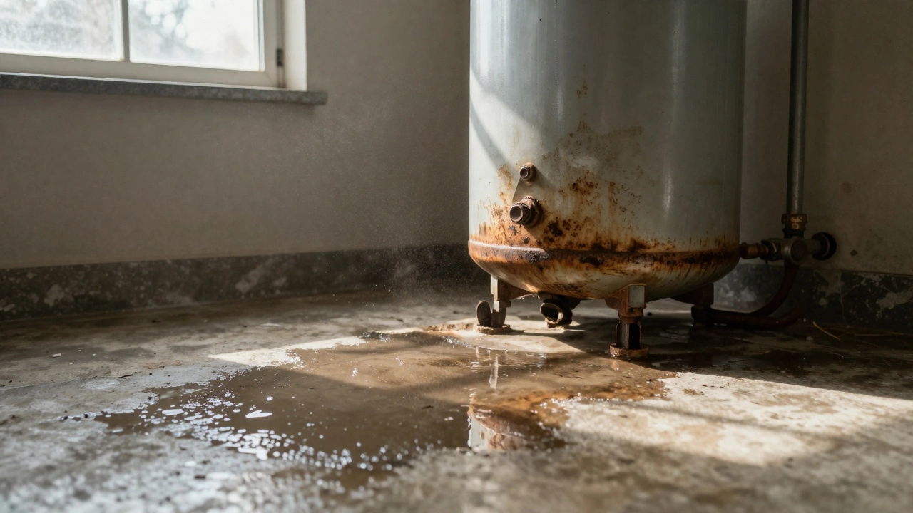 Water leaking from the base of an old rusty water heater