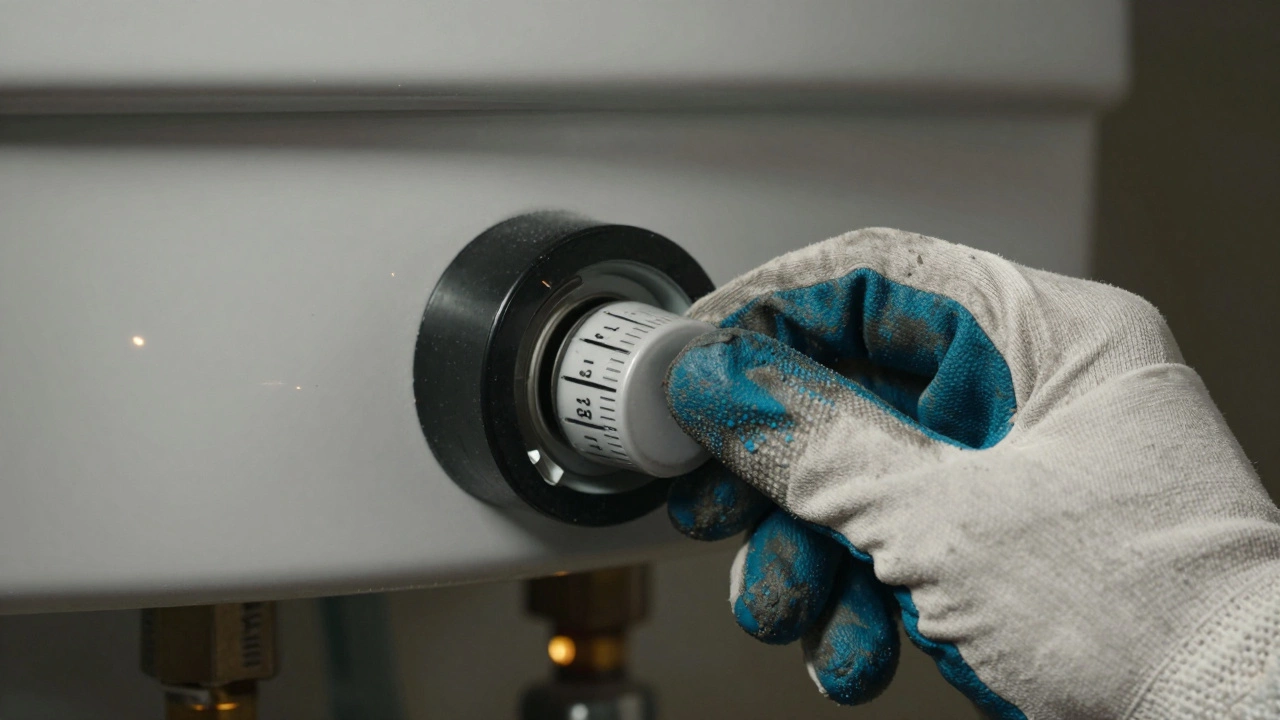 Close-up of gloved hand adjusting thermostat on electric water heater with sparks