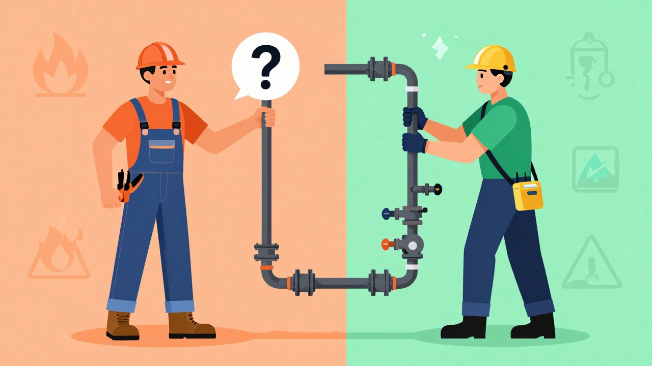 Conceptual art comparing risky DIY repair vs safe professional water heater service