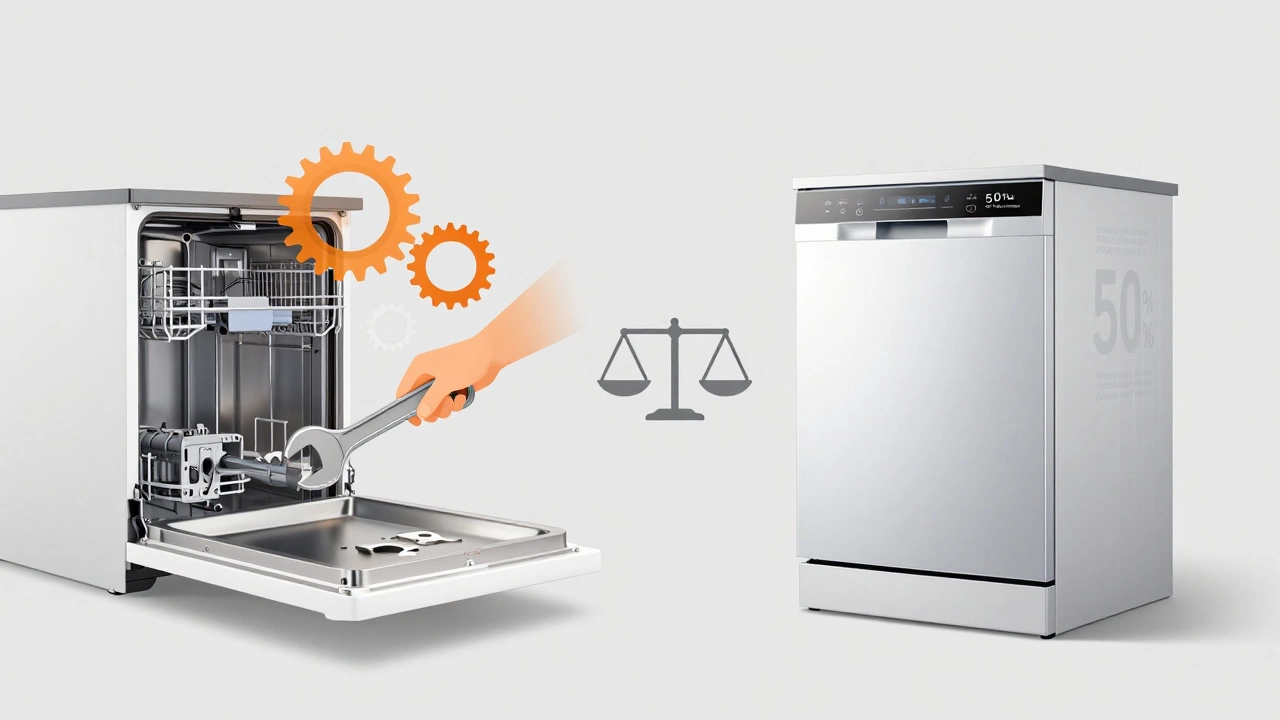 Conceptual split image comparing dishwasher repair vs replacement