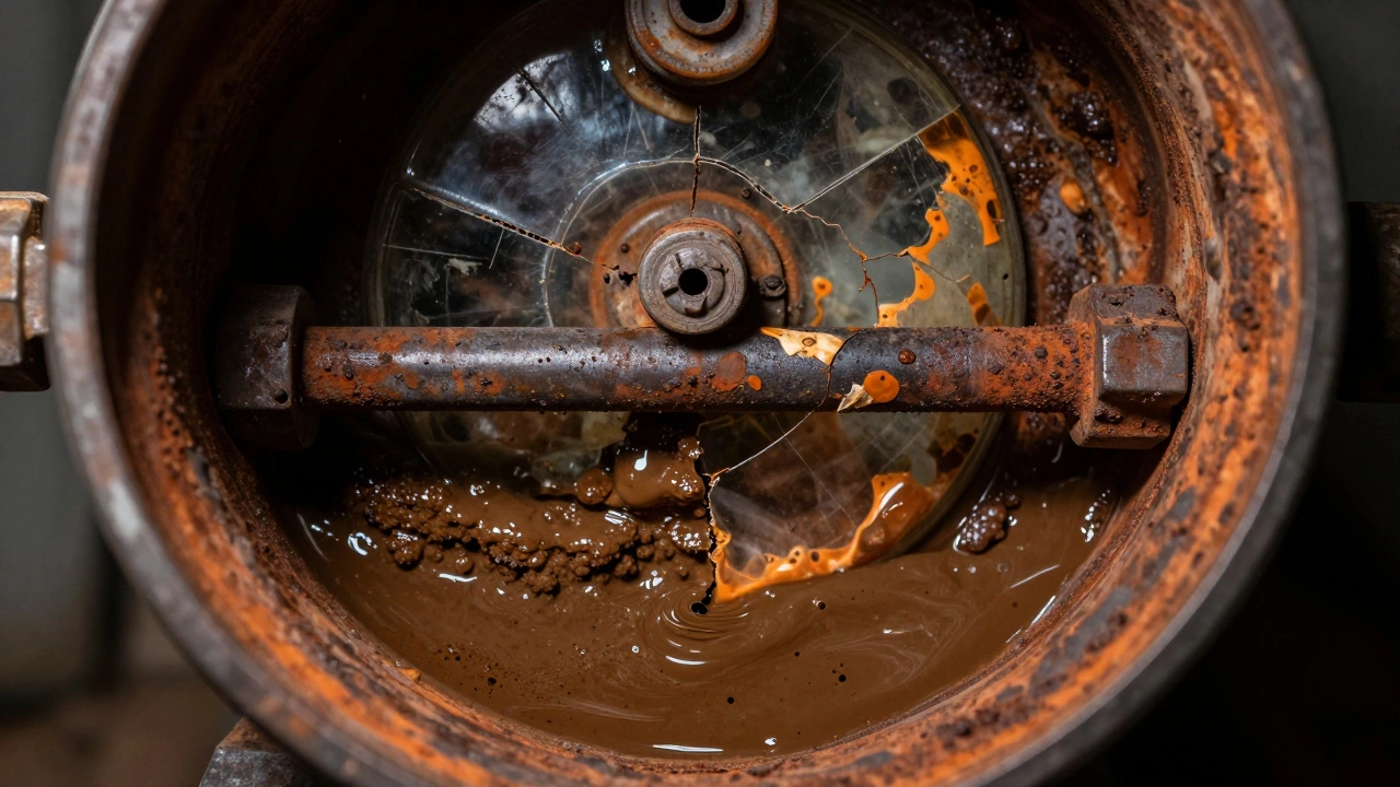 Corroded interior of old water heater tank