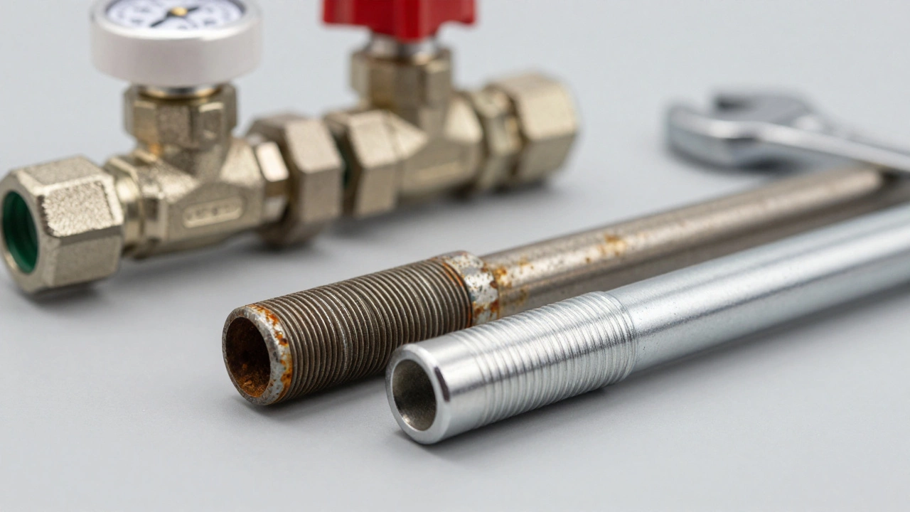 Corroded vs new anode rods showing maintenance needs