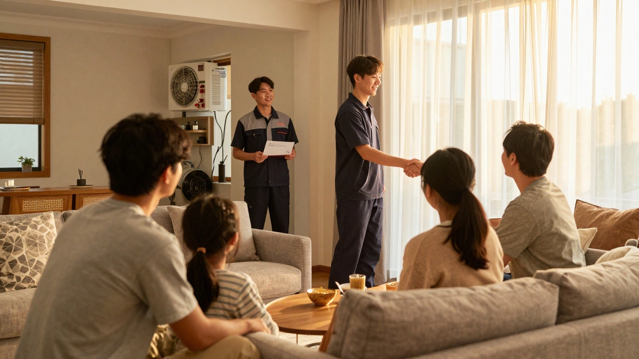 Cozy living room with technician handing certificate to homeowner for peace of mind