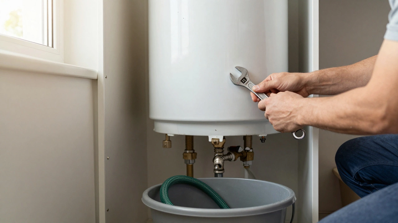 DIY scene of checking a water heater anode rod with tools in a utility room