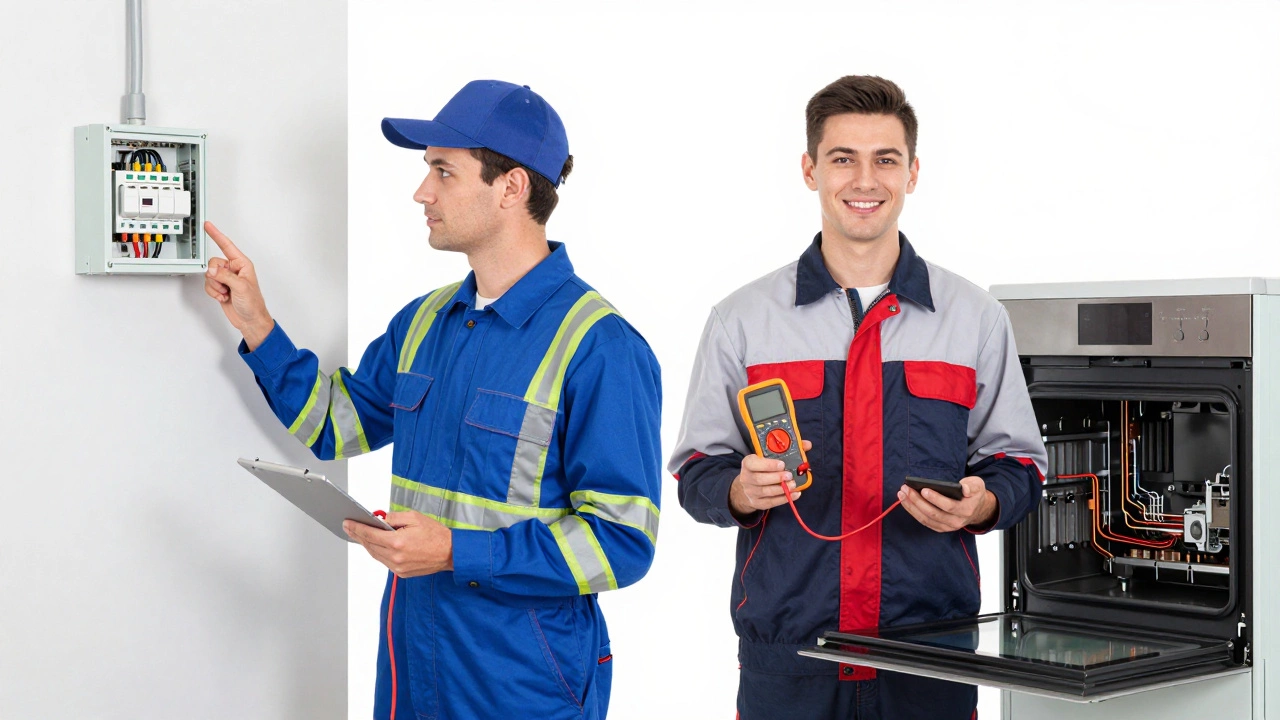 Electrician checking a switchboard versus technician inspecting oven internals