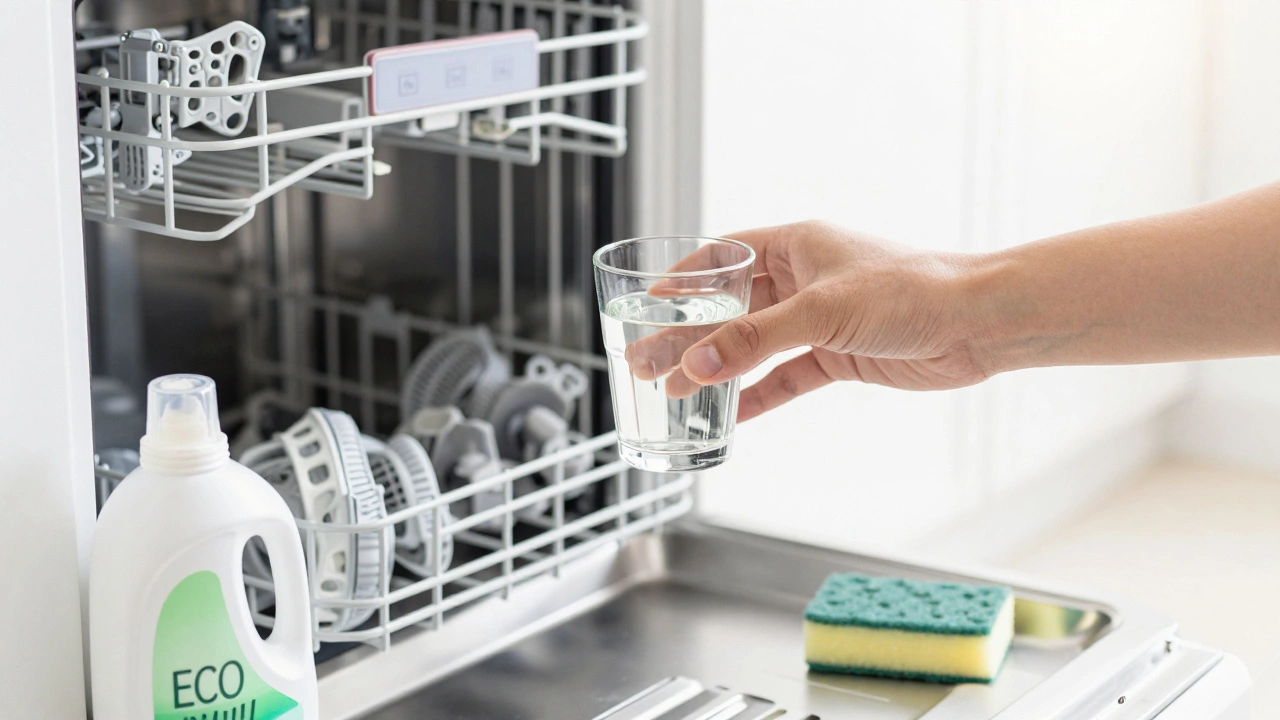 Hand placing vinegar on dishwasher rack for cleaning maintenance