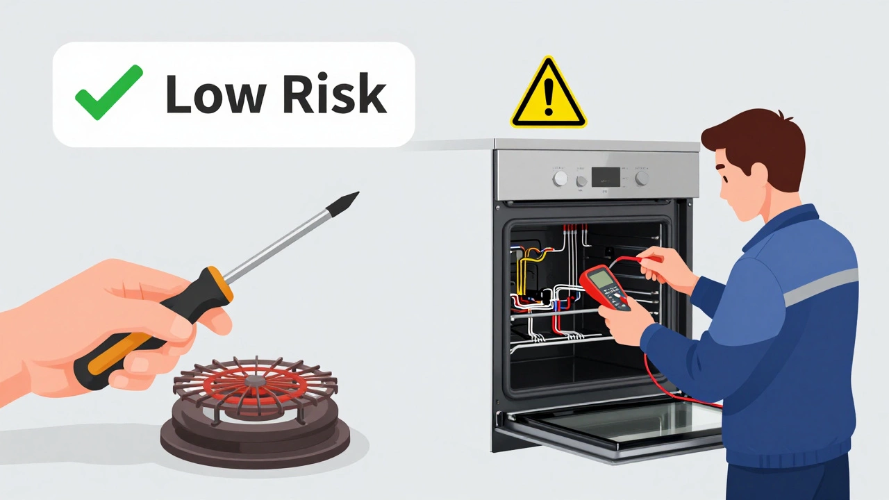Illustration comparing simple DIY oven repairs with complex professional electrical fixes