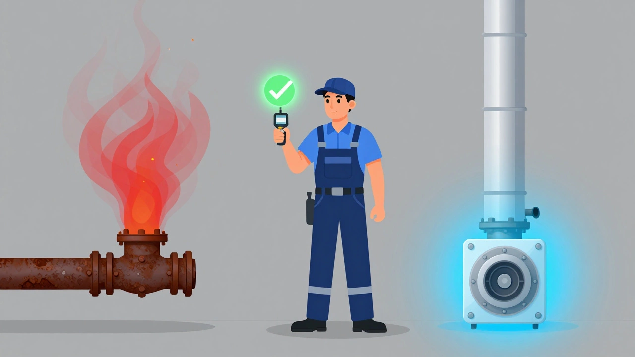 Illustration showing carbon monoxide risks vs safe boiler maintenance by a pro