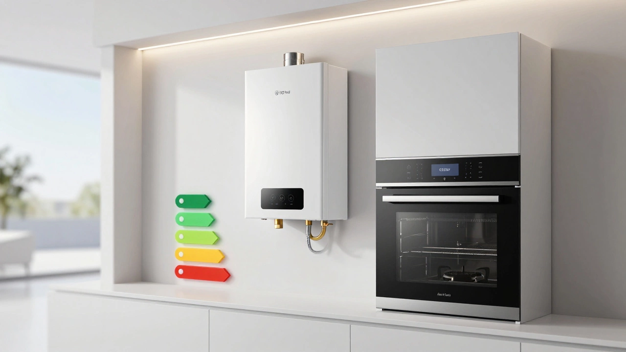 Modern energy-efficient gas appliances in a bright showroom setting