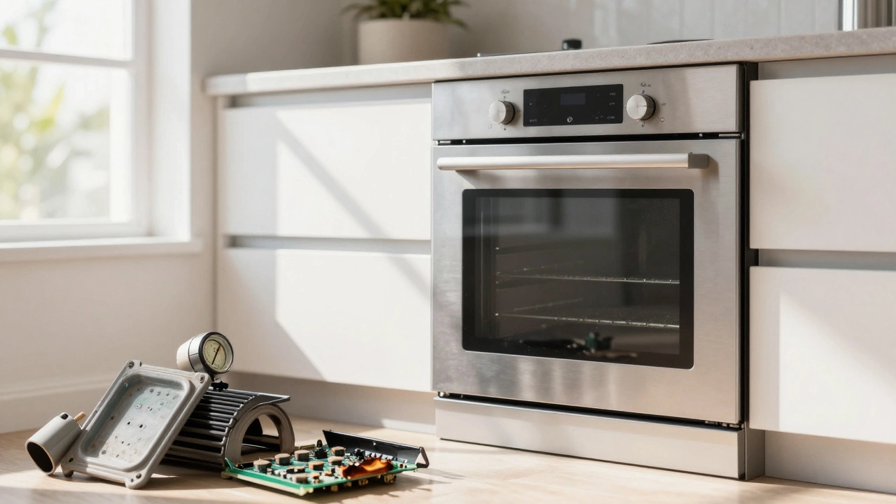 New stainless steel oven displayed next to discarded broken internal oven parts