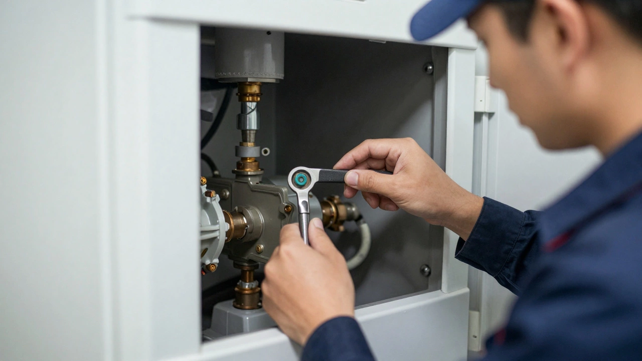 Technician inspecting and maintaining a gas boiler for safety