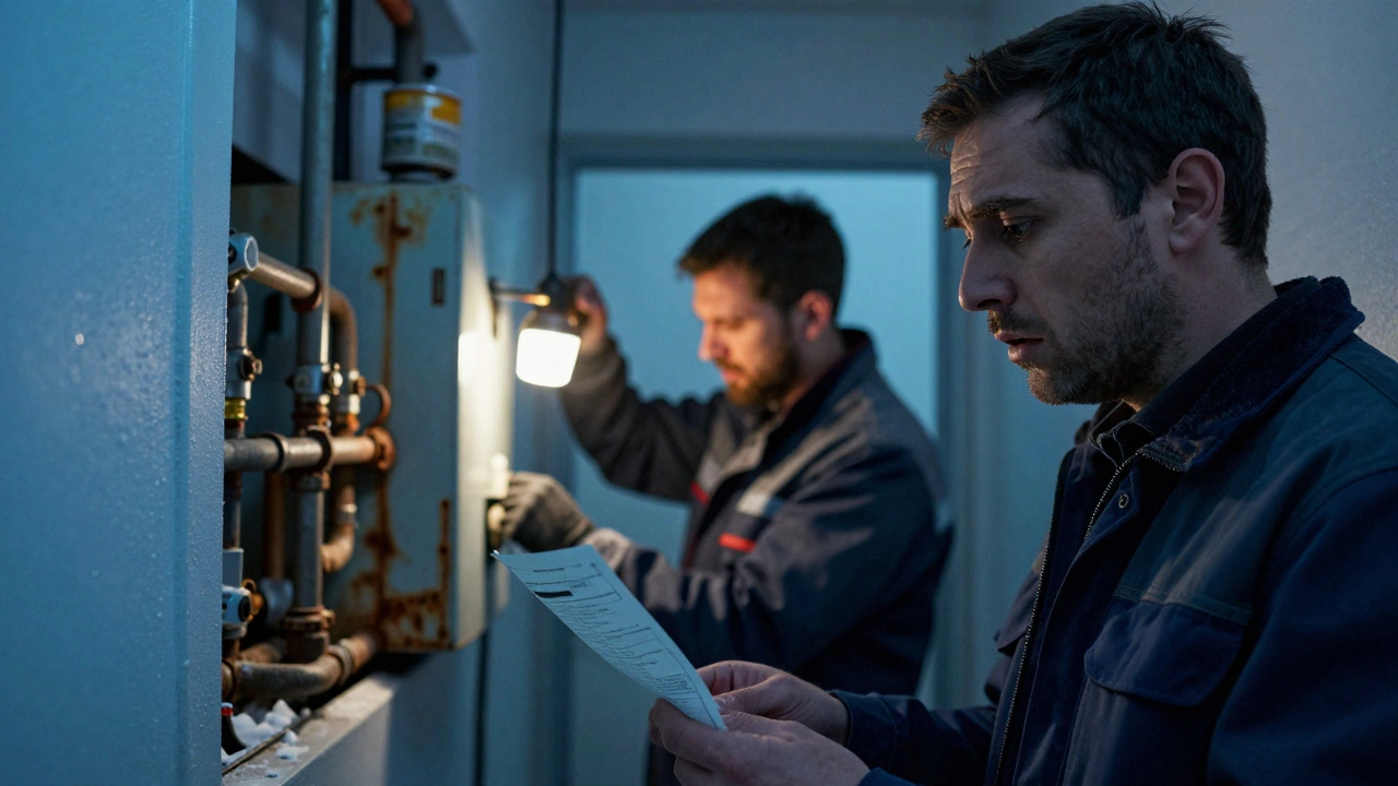 Tenant holding a repair bill near a broken boiler