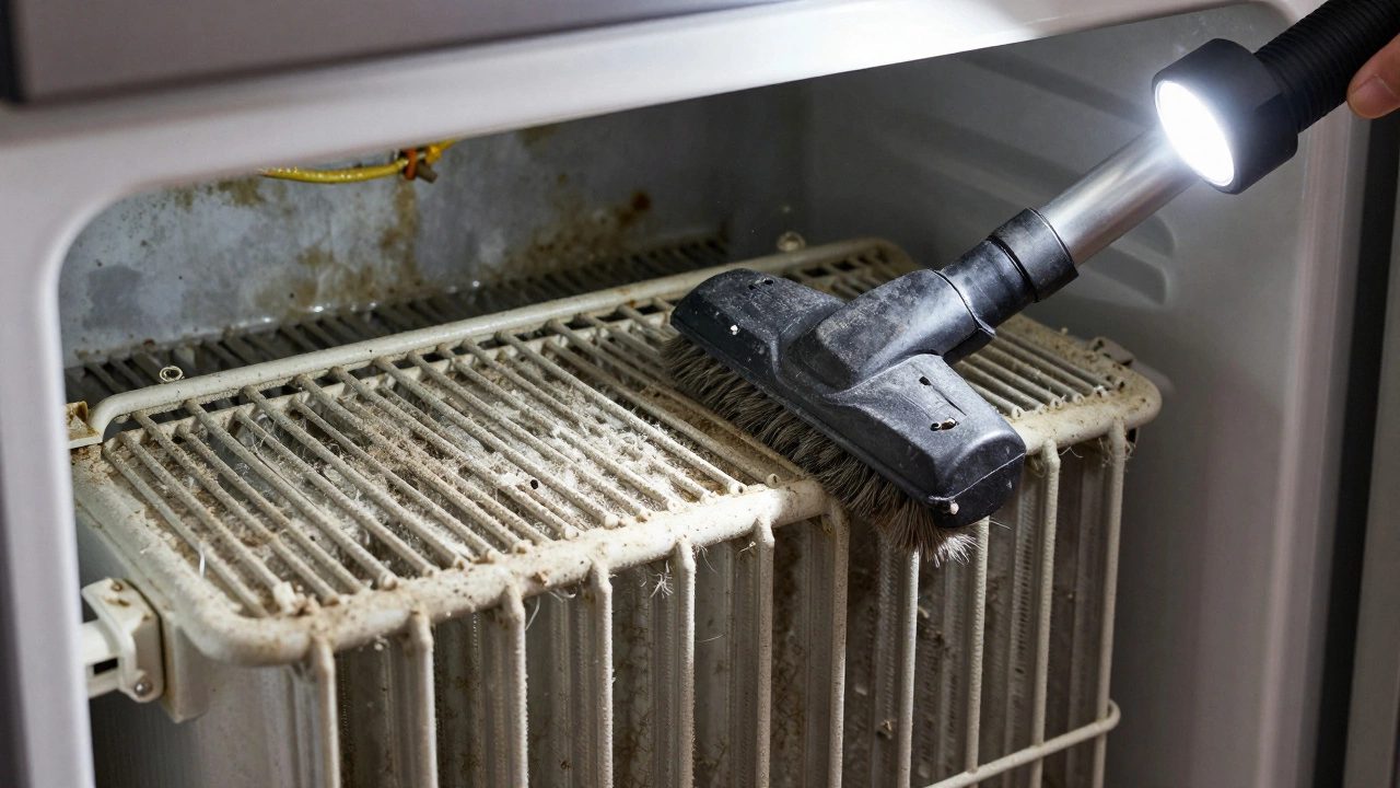 Vacuuming dirty condenser coils on fridge