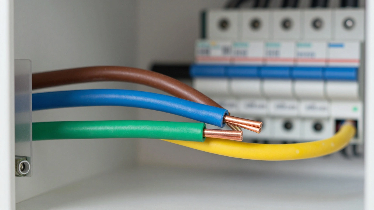 Close-up of thick electrical cables connected to a terminal block