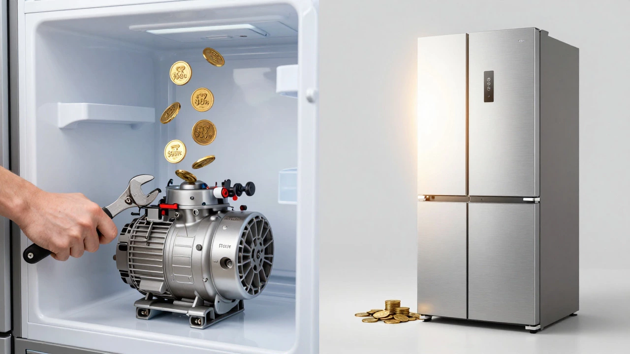 Conceptual art comparing repair costs vs new fridge value