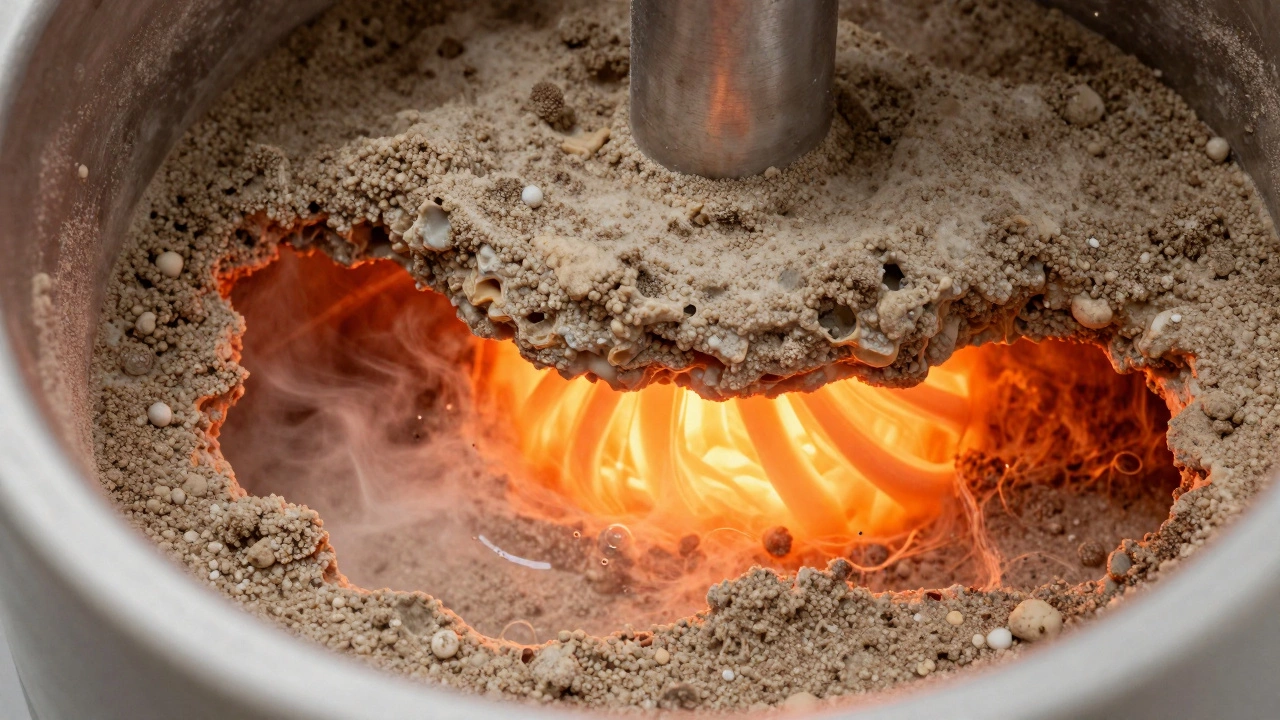 Cross-section view of sediment buildup trapping heat at the bottom of a water heater tank