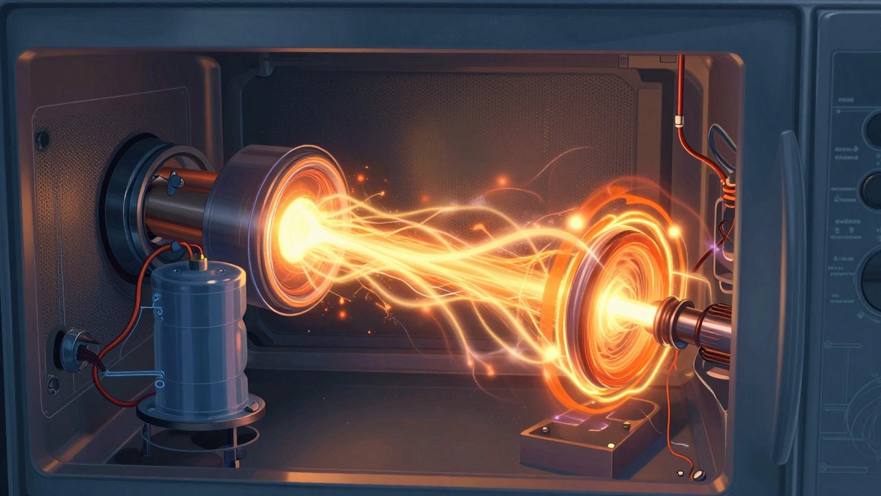 Cutaway illustration of a microwave magnetron emitting energy