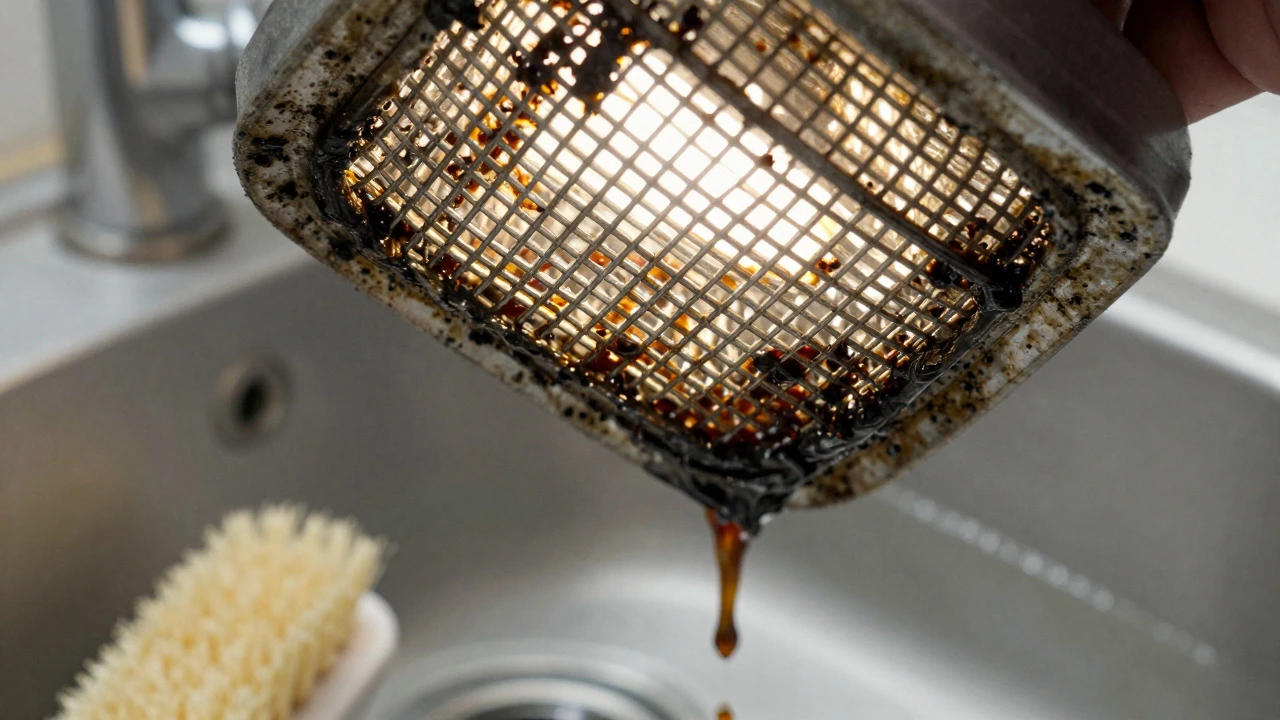 Dirty grease filter held up to light showing blocked airflow