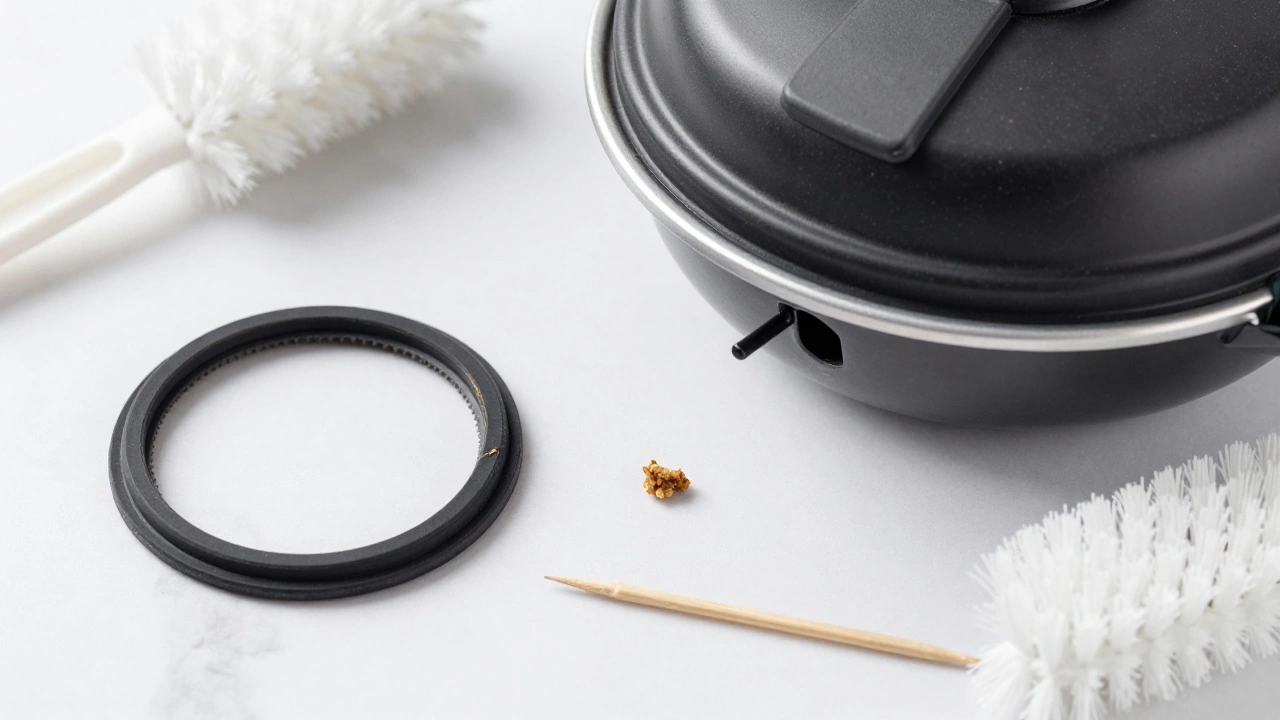 Disassembled pressure cooker parts including worn gasket and cleaning tools
