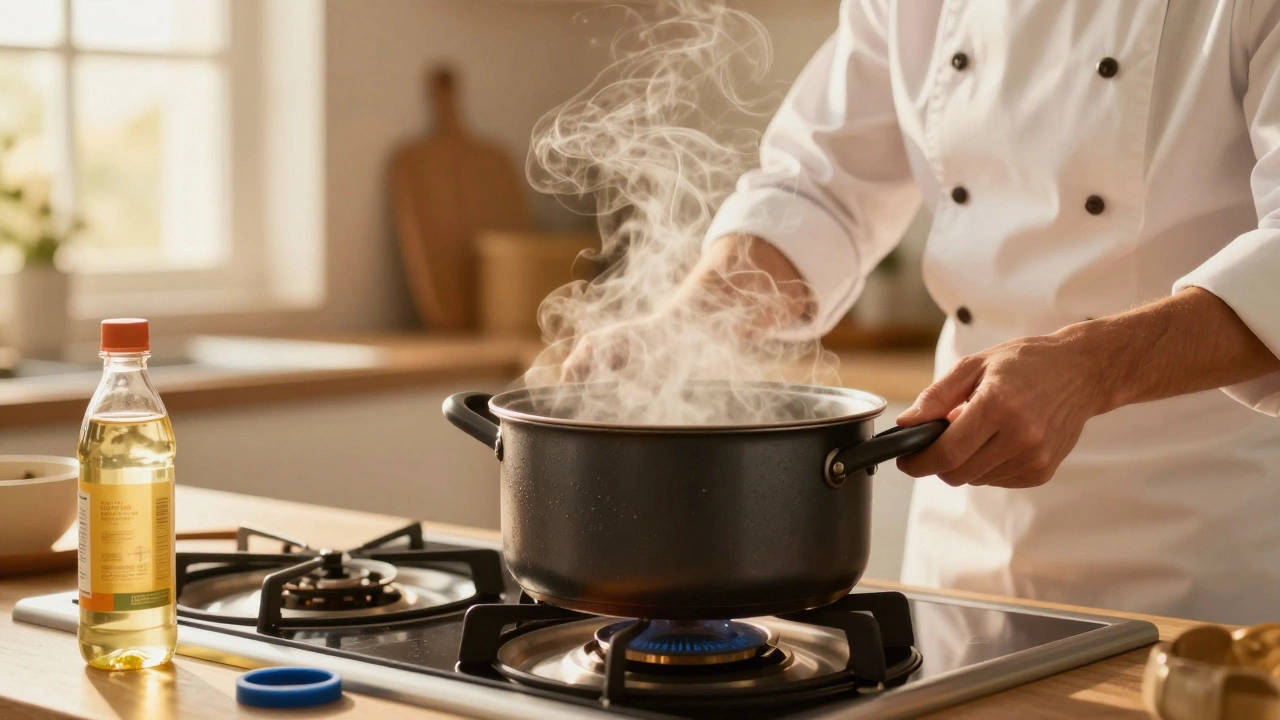 Happy cook holding steaming pot with maintenance items in background