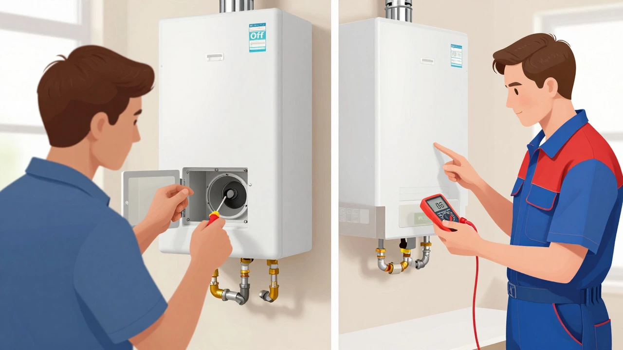 Homeowner and plumber inspecting a water heater for safety
