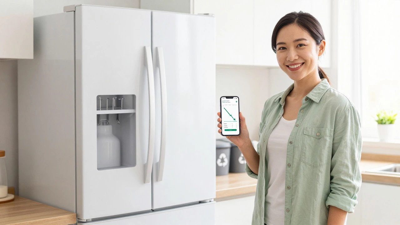 Homeowner smiling by new efficient fridge with recycling bins