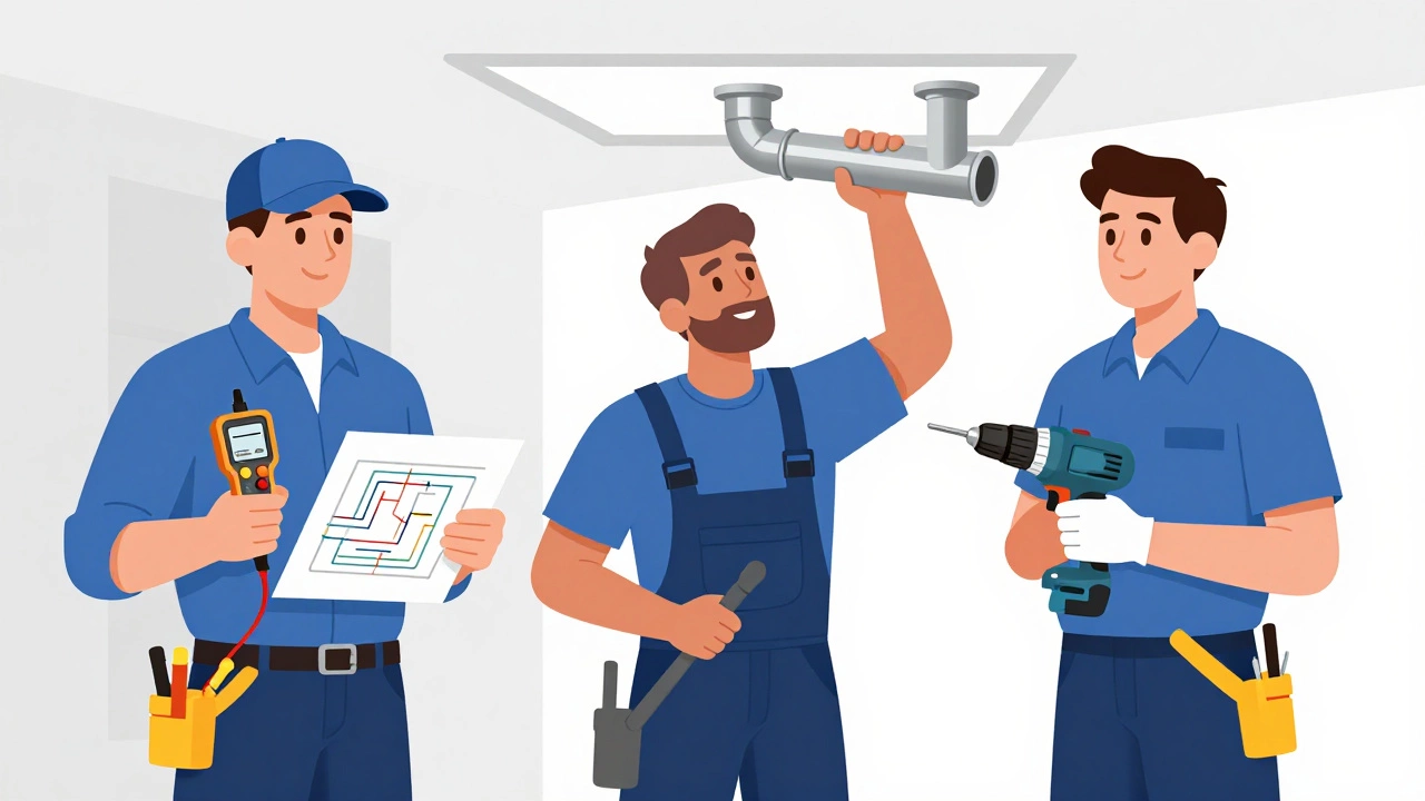 Illustration of electrician, plumber, and handyman with installation tools