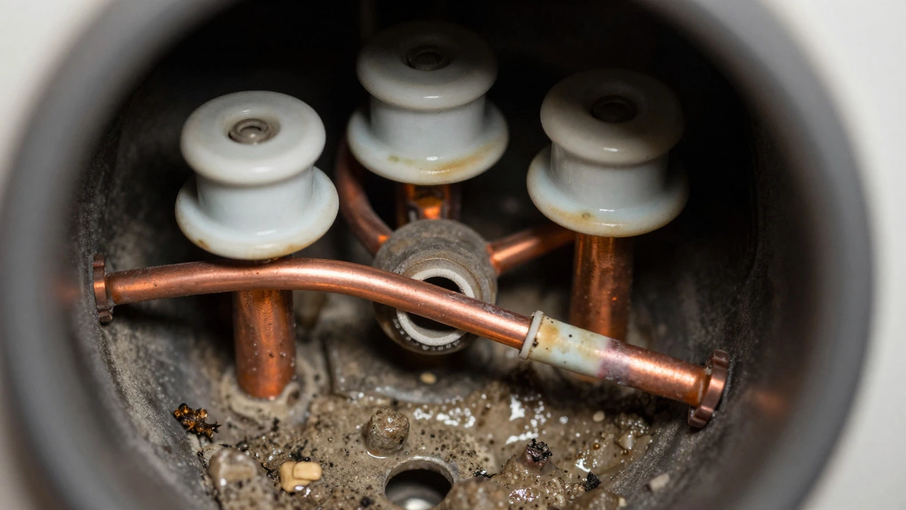Internal view of water heater showing damaged wiring and sediment