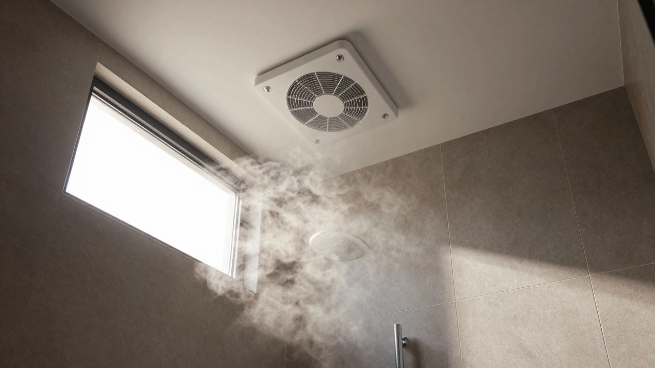 Modern bathroom with extractor fan properly installed above shower