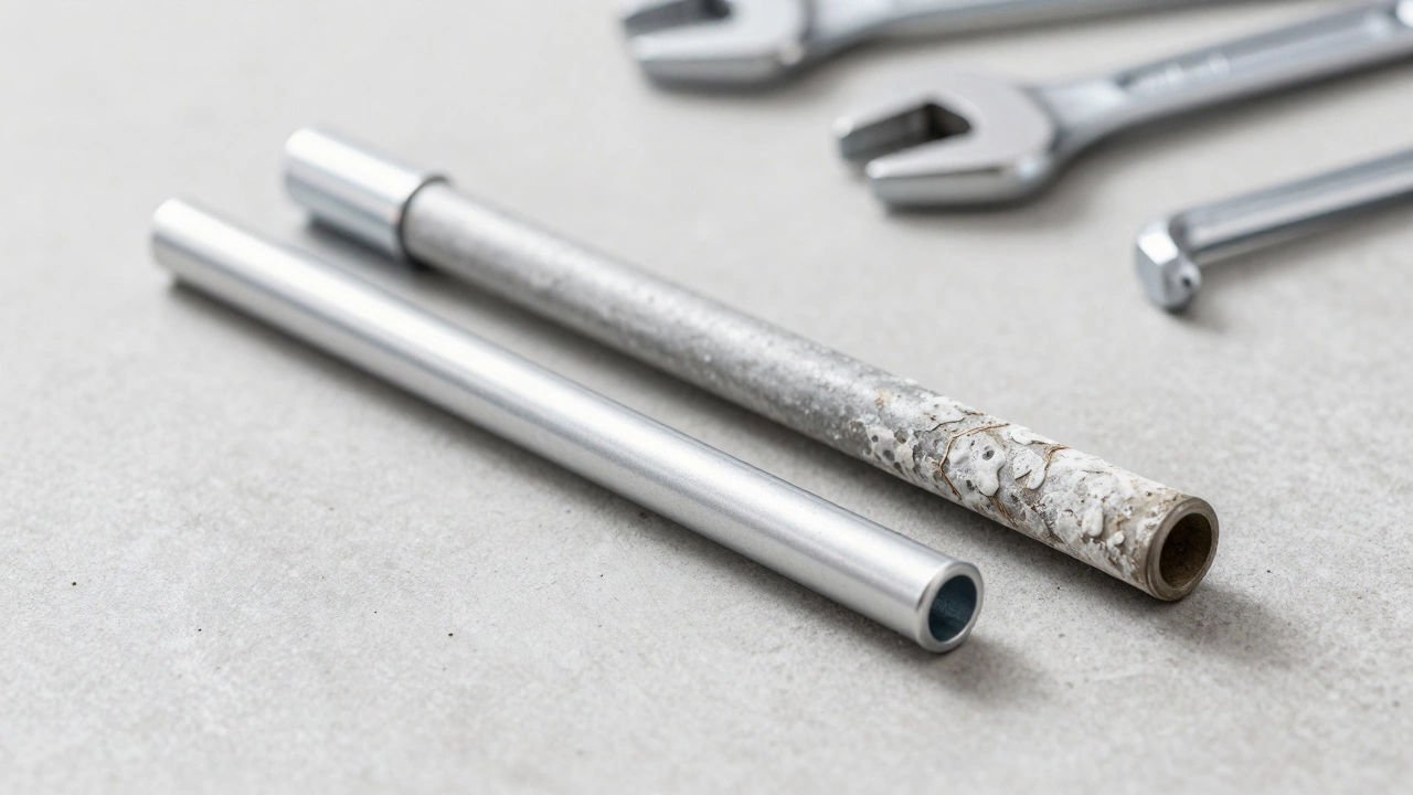 New shiny anode rod compared to an old corroded and scaled anode rod