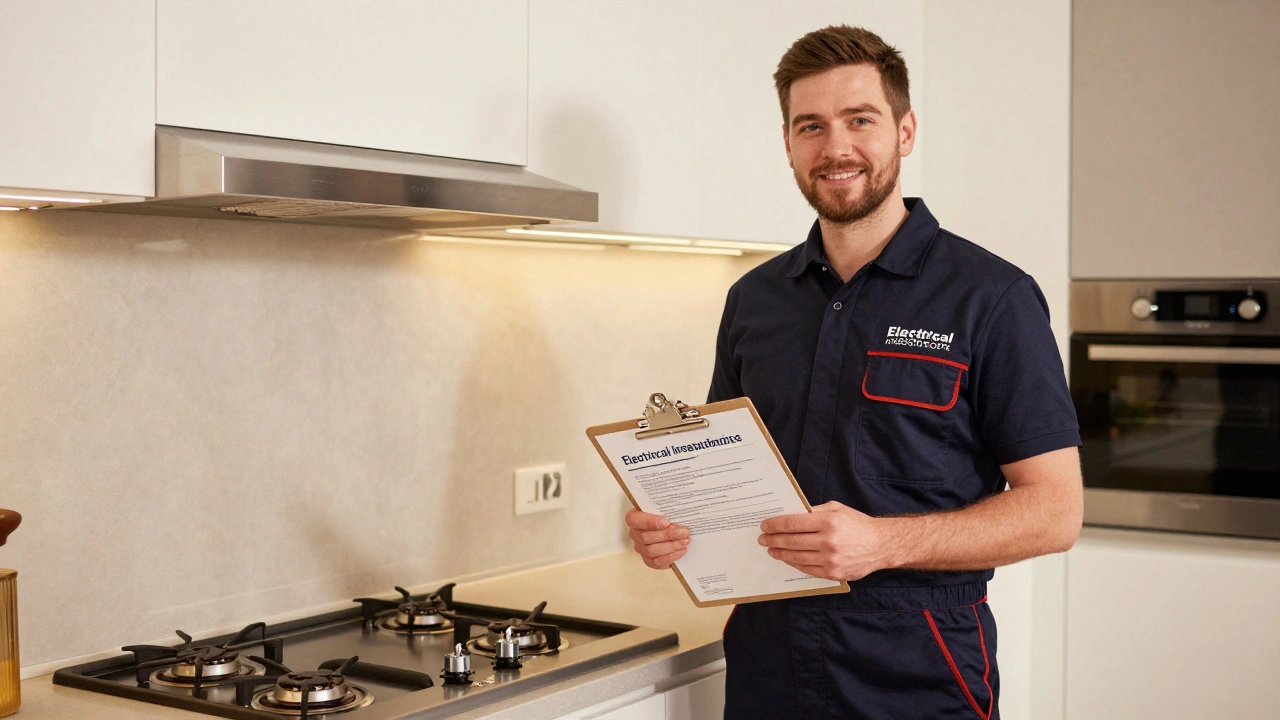 Professional electrician holding a certificate in a modern kitchen