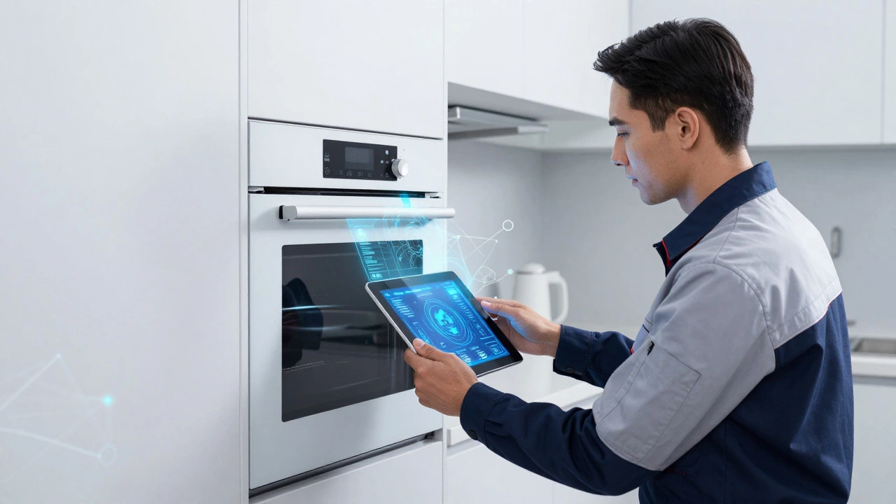 Tech diagnosing smart oven with tablet interface