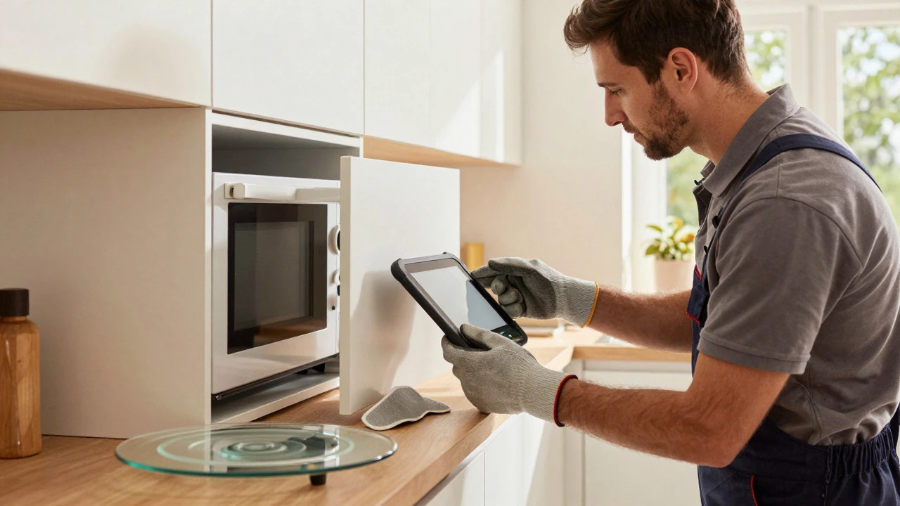 Technician inspecting a built-in microwave in a bright kitchen