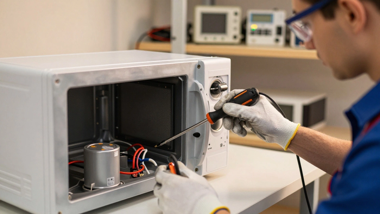 Technician safely discharging a microwave capacitor