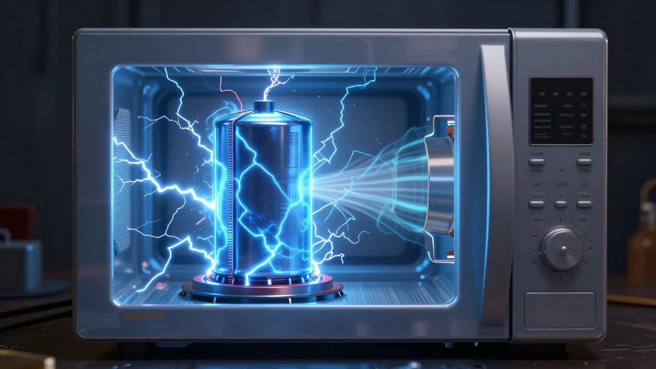 Transparent view of microwave internals showing glowing capacitor